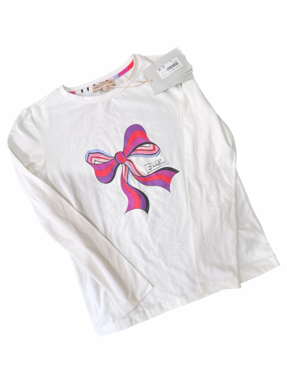Emilio Pucci Girls White Long-Sleeve Tee with Pink & Purple Bow Graphic